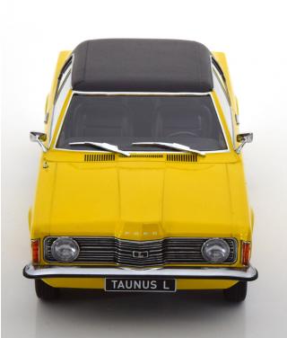 Ford Taunus Limousine 1971 (runde Scheinwerfer) mit Vinyldach gelb/mattschwarz KK-Scale 1:18 Metallmodell (Türen, Motorhaube... nicht zu öffnen!)